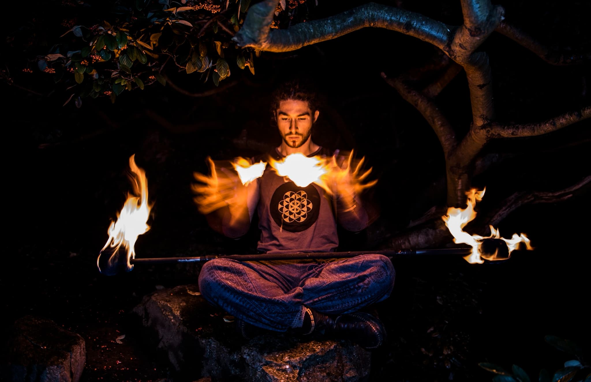 Quantuum Fire cinematic fire performance with contact staff
